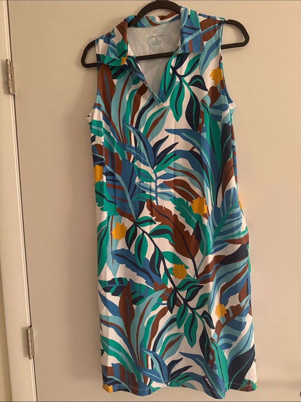 J McLaughlin Ayla Jungle Jewel Leaf Sleeveless Dress in Blue, Green & Brown